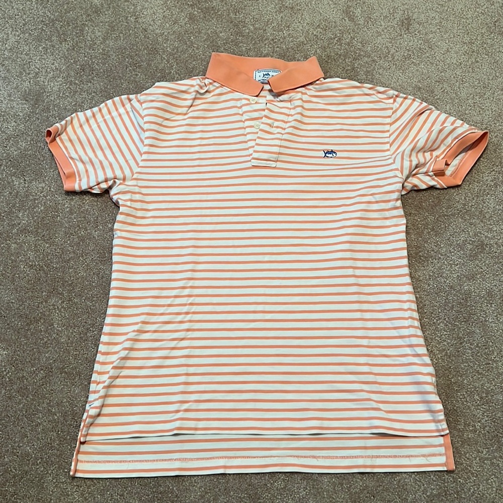 Southern Tide Skipjack Polo White and Peach Stripe Small